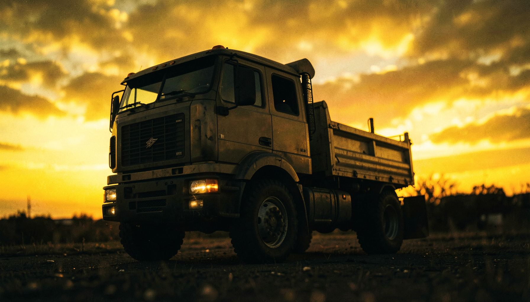 A rugged electric supertruck silhouetted against a dramatic sunset sky, muscular stance with amber and charcoal tones