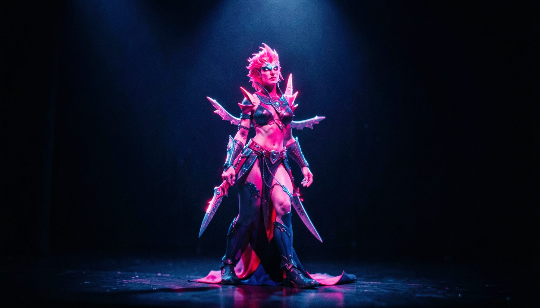 A colorful fantasy character with vibrant pink and blue hues against a dark stage backdrop, dramatic spotlighting