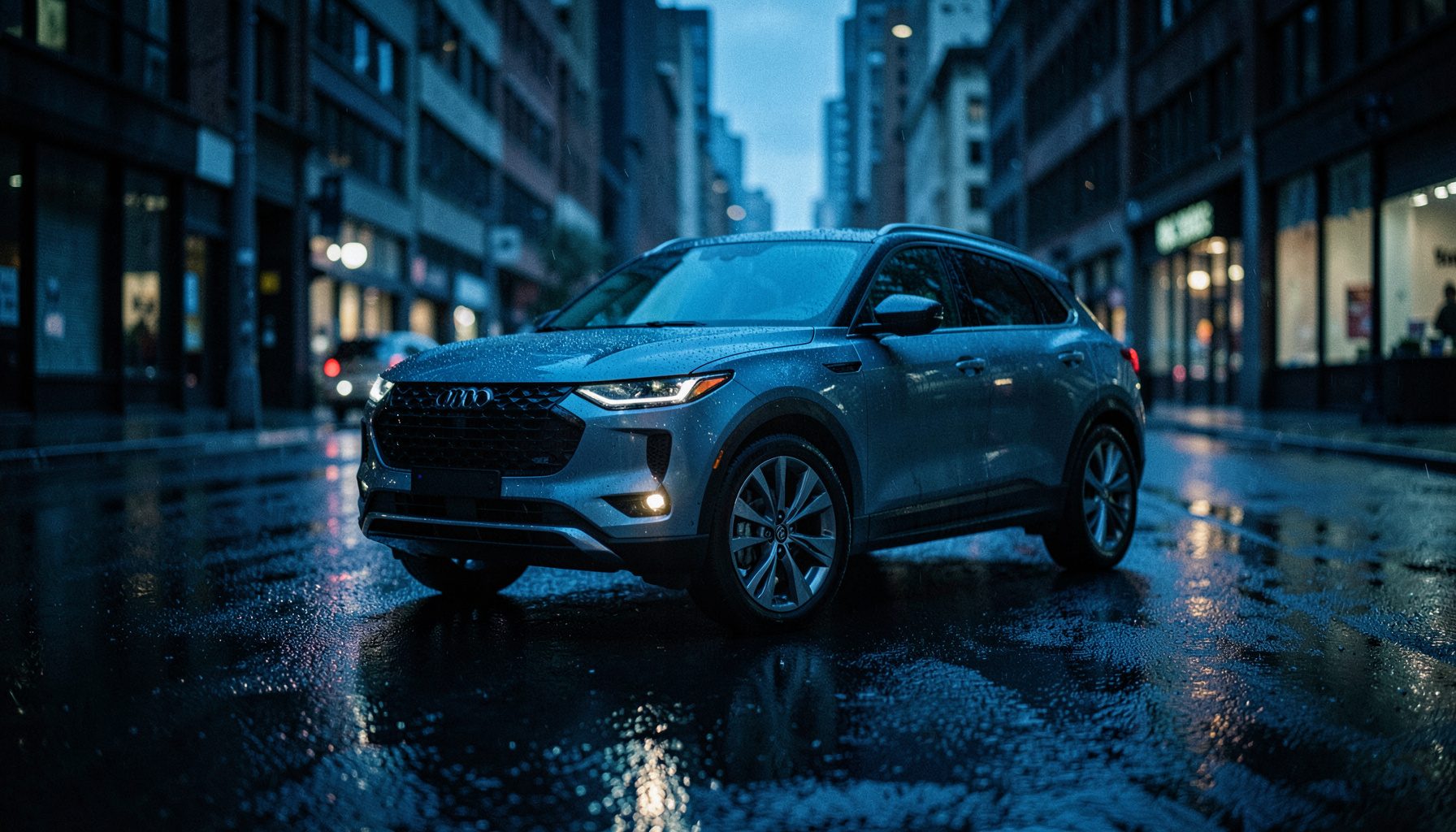 A premium electric SUV parked on a rain-slicked urban street at dusk, cool blue reflections on wet asphalt, cinematic atmosphere