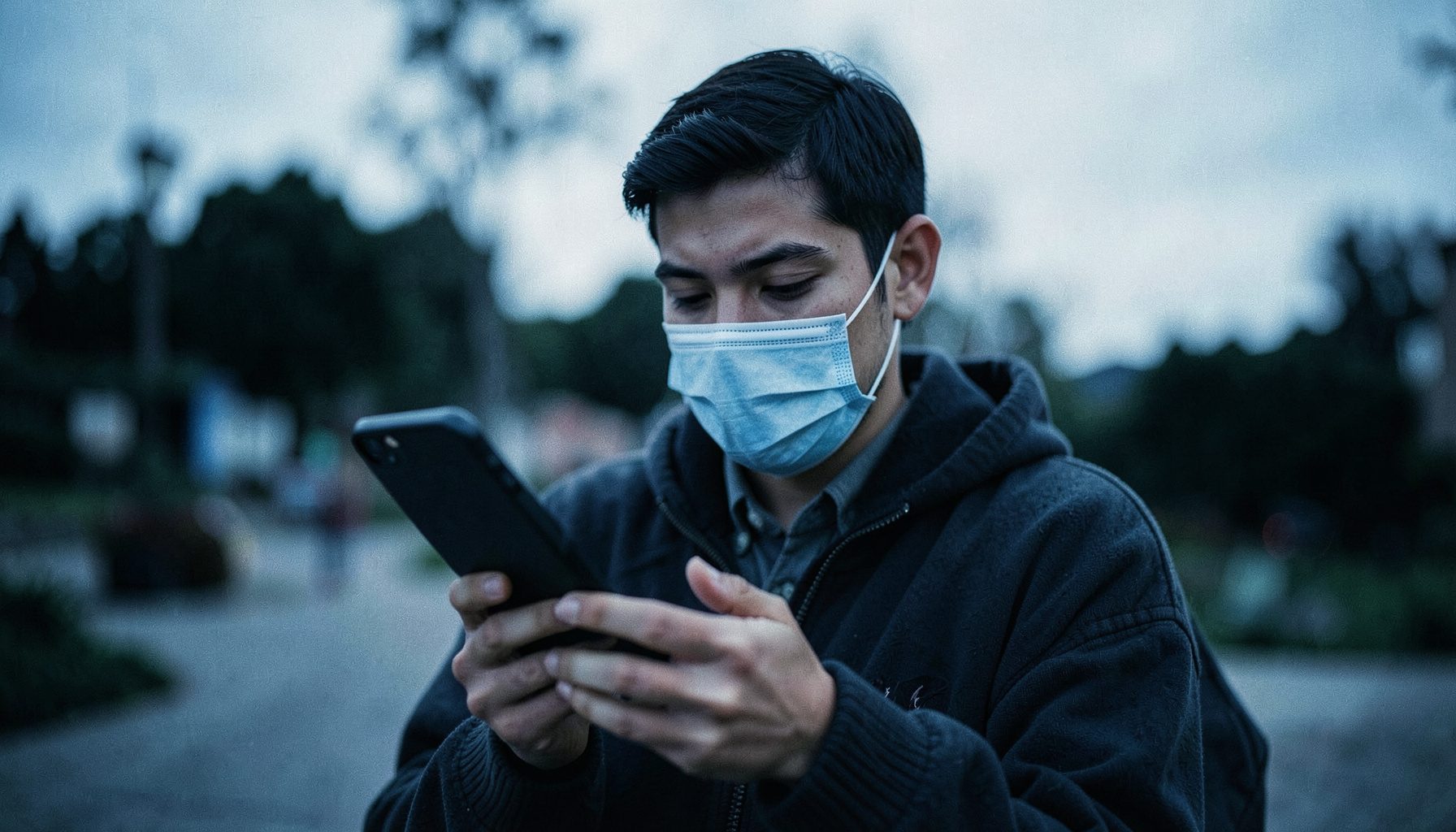 A person wearing a face mask looking at a smartphone outdoors, soft overcast light