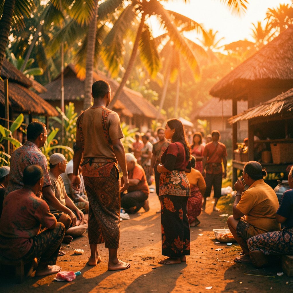A community scene in Indonesia with people wearing masks, warm natural tones and soft daylight