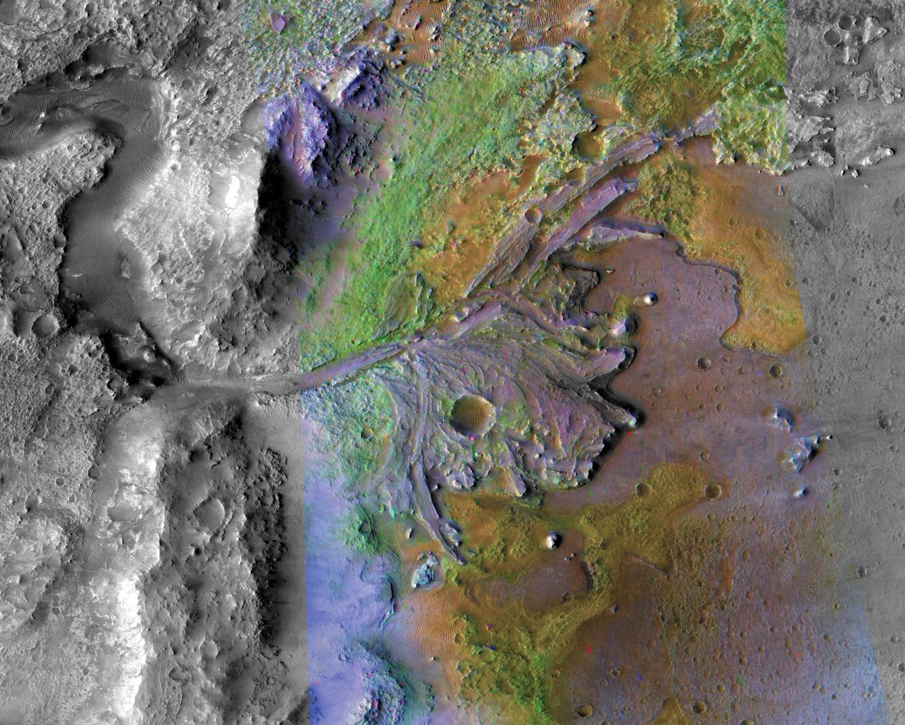 Aerial composite image of a planetary surface showing branching channel patterns in green, orange, and purple hues