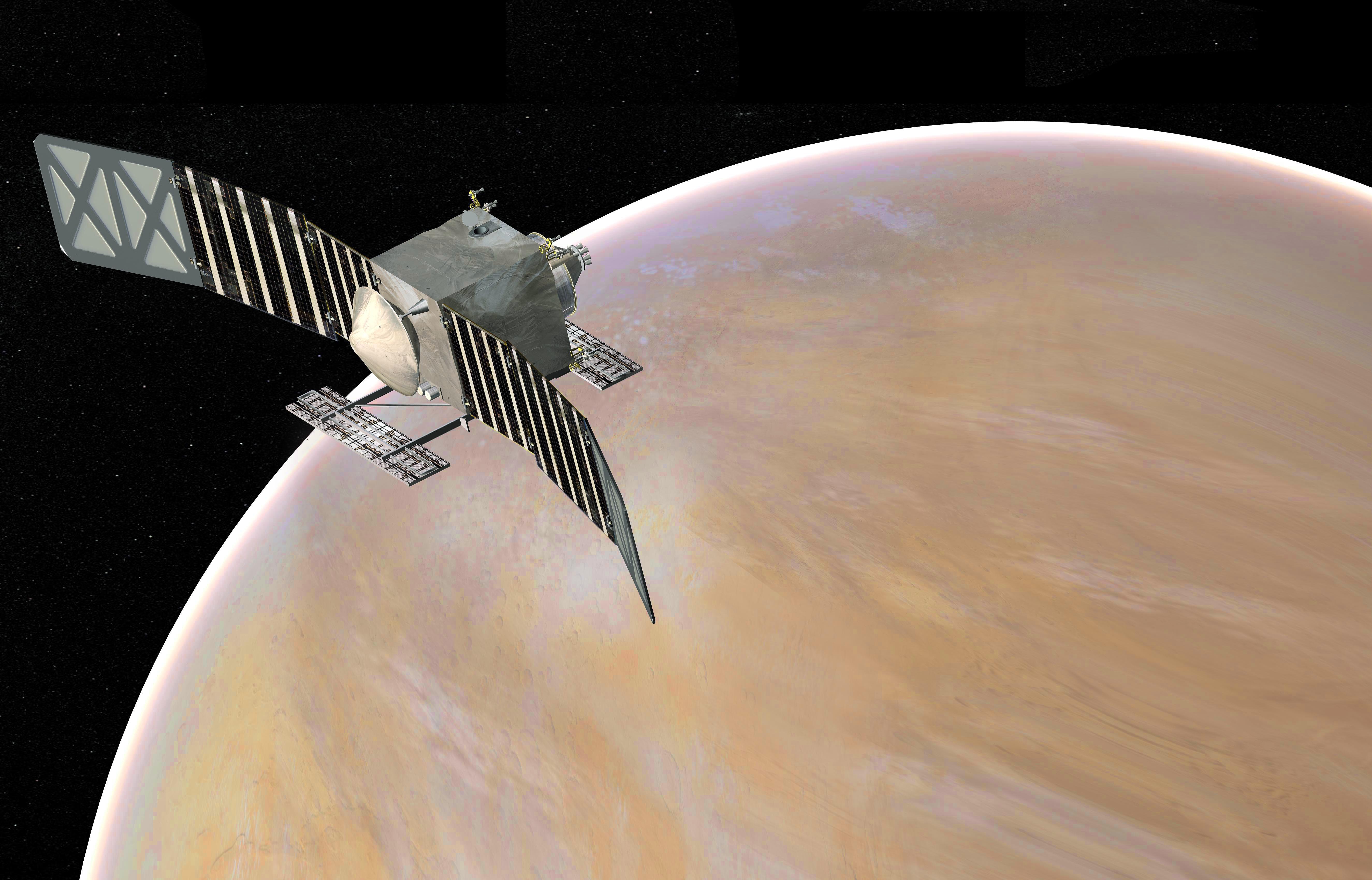 Digital illustration of a spacecraft with solar panels and a dish antenna orbiting a cloud-covered beige planet against a starfield
