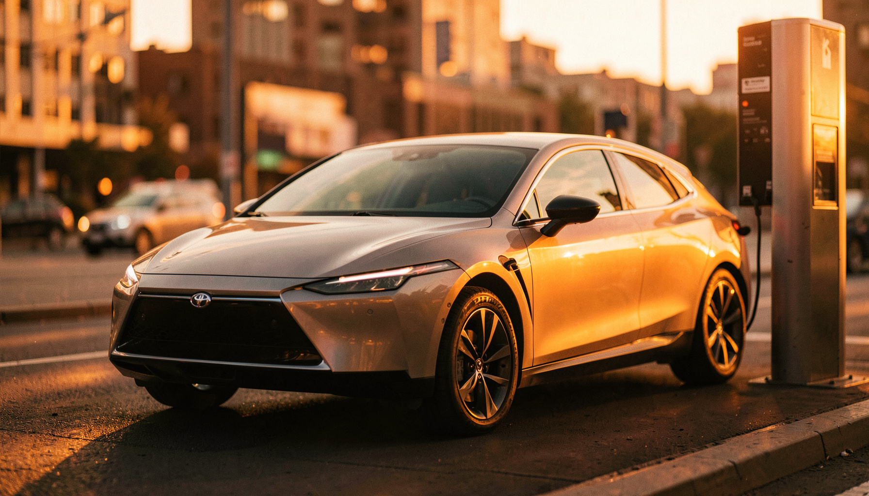 A sleek modern electric vehicle charging at a station during golden hour, warm amber light reflecting off its clean body