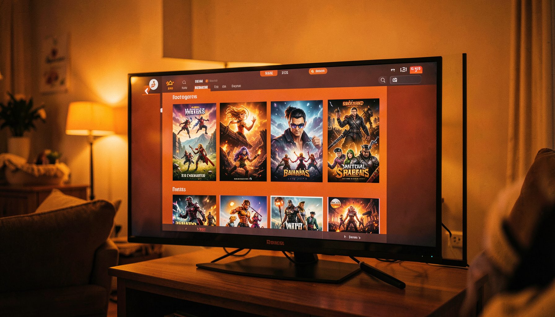 A television screen displaying a digital storefront interface with game tiles, warm ambient lighting in a living room setting