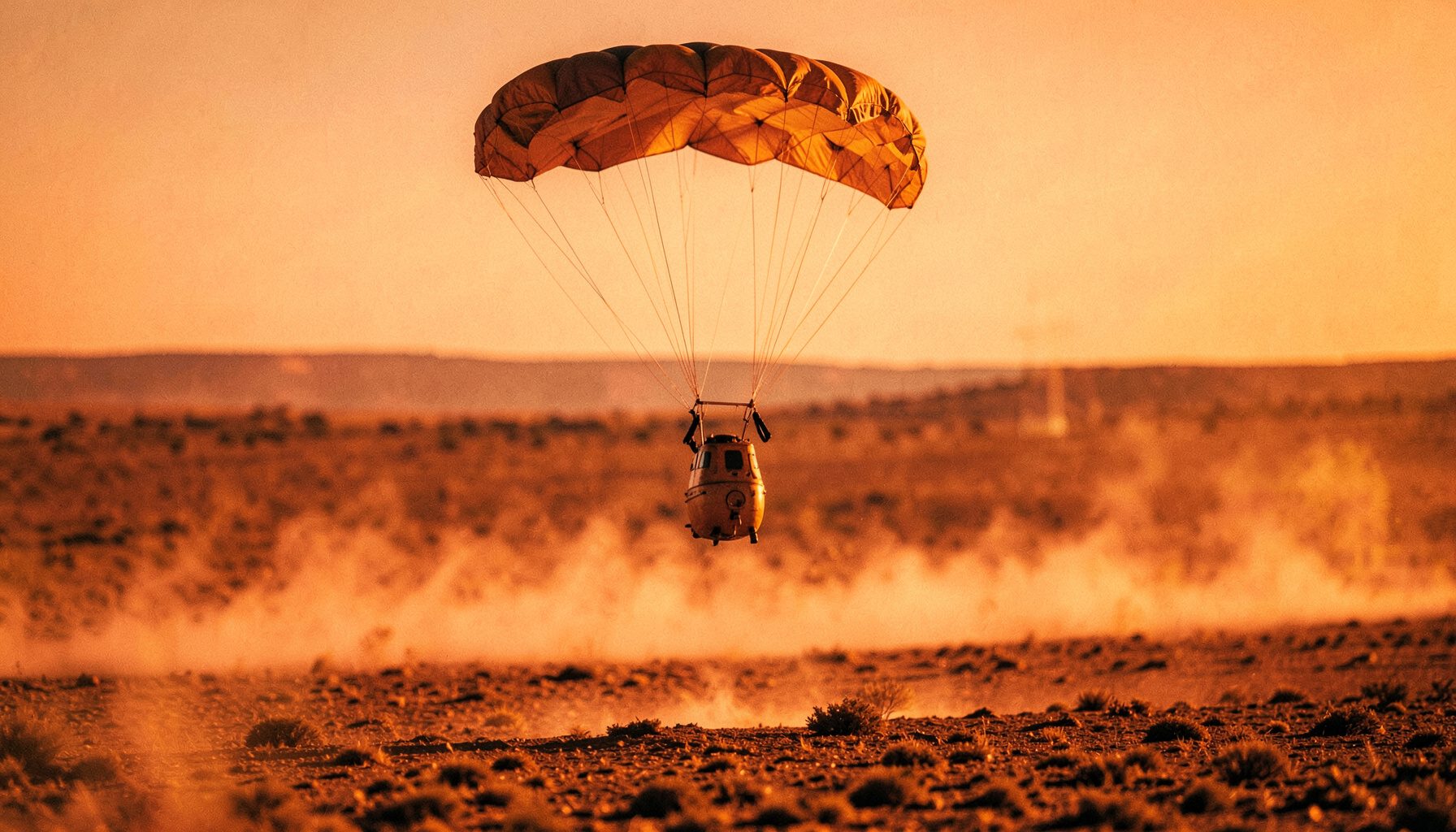 A reentry capsule descending under parachute over a remote landscape, dust rising from the ground nearby