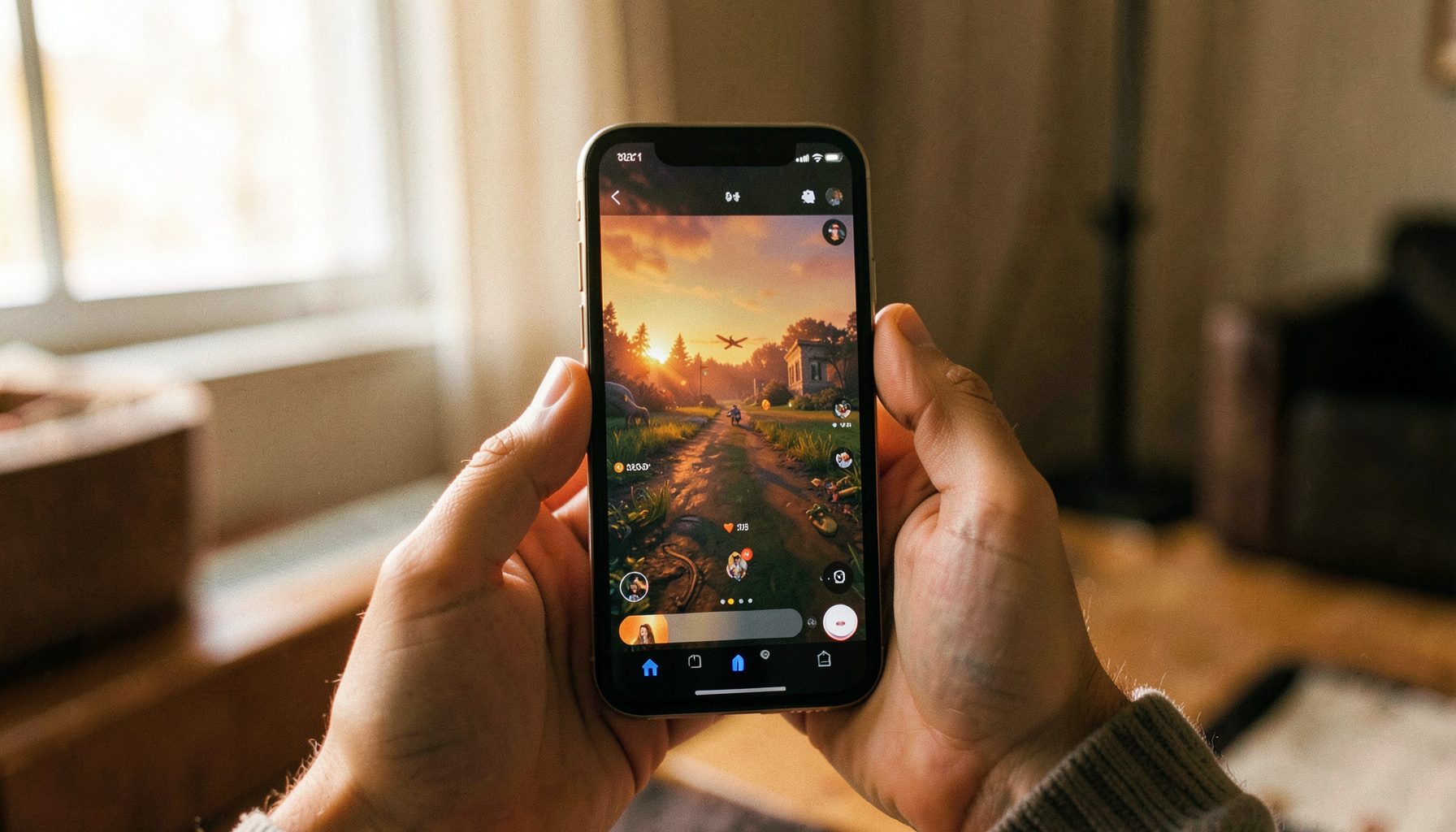 A smartphone held in hands displaying a game streaming interface, soft natural light from a window, casual home environment