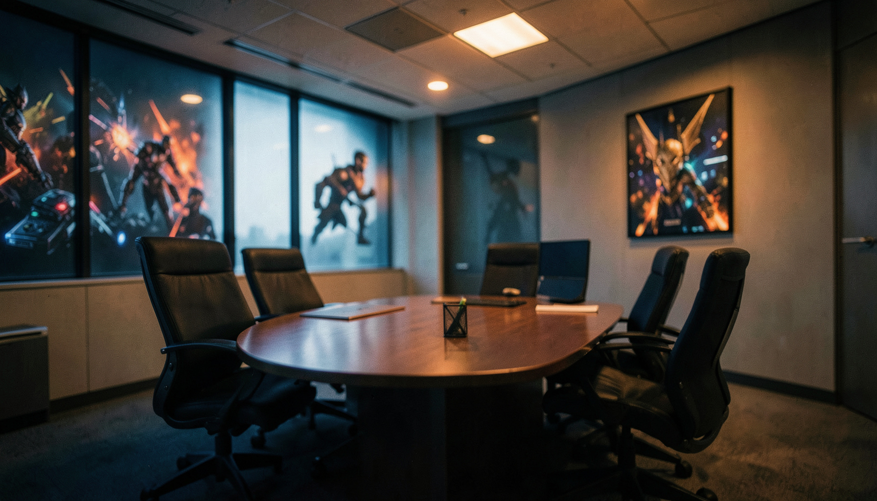 A sleek corporate boardroom with subtle gaming-inspired artwork on the walls, moody blue and orange tones, shallow depth of field