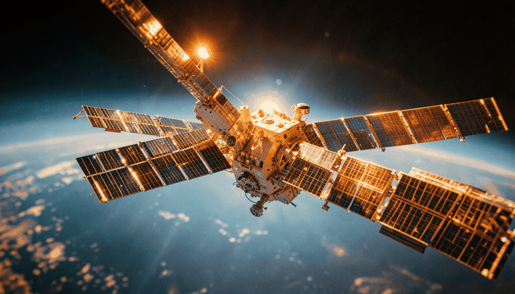 The International Space Station orbiting above Earth, sunlight glinting off its solar panels against the deep blue atmosphere